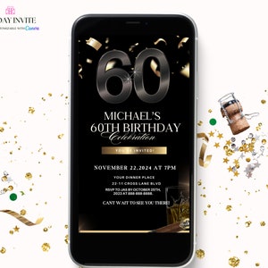 60th Men&#39;s Black and Gold Birthday Invitation, 60th Digital Birthday For Men Invite, Canva Editable Template Evite