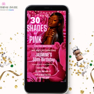 Neon Pink Shades of Pink Birthday Party Invitation, Pink Floral Digital Birthday Invite,  Canva Editable Template Evite
