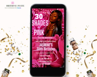 Neon Pink Shades of Pink Birthday Party Invitation, Pink Floral Digital Birthday Invite,  Canva Editable Template Evite