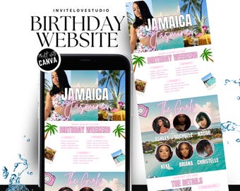 May include: A digital design for a birthday website, with the text "BIRTHDAY WEBSITE" and "JAMAICA Jasmine". The design incorporates images of a woman, palm trees, and tropical scenery. The design is shown on a smartphone and a separate flyer.