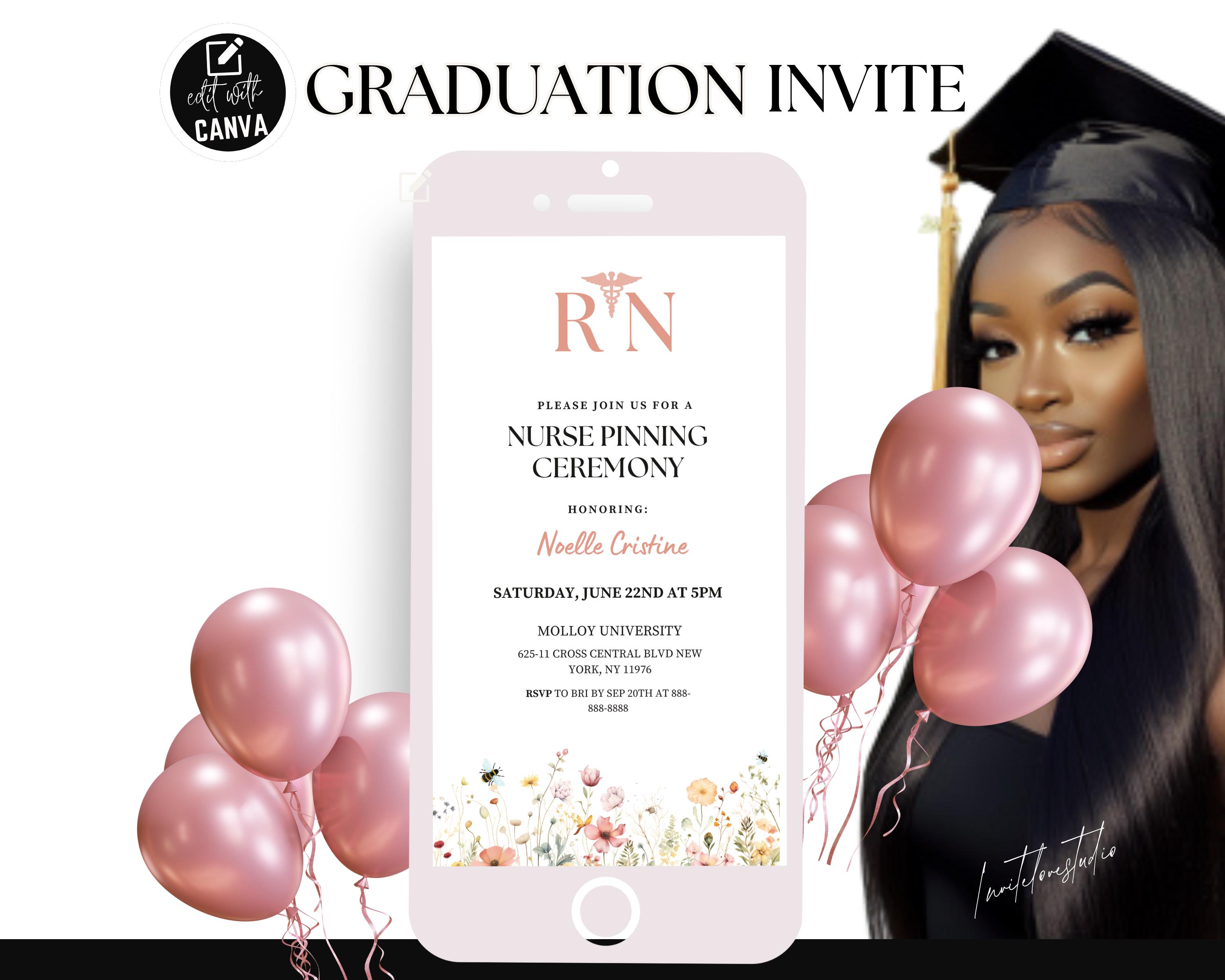 Nurse Graduation Announcement Nurse Pinning Ceremony Invitation Nursing Grad Template Floral Graduation Invite Canva Editable Template Evite