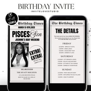 Editable Pisces Birthday Weekend Newspaper Invitation, Digital Pisces Birthday Girl Trip Newspaper Invite, Bday Itinerary, Canva Template