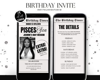 Bearbeitbare Pisces Geburtstagswochenende Zeitungseinladung, Digitale Pisces Geburtstagskind Reise Zeitung einladen, Bday Reiseplan, Canva Vorlage