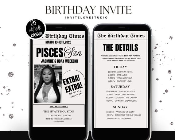 Editable Pisces Birthday Weekend Newspaper Invitation, Digital Pisces Birthday Girl Trip Newspaper Invite, Bday Itinerary, Canva Template