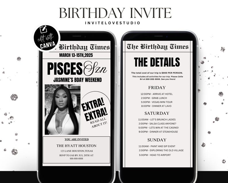 Editable Pisces Birthday Weekend Newspaper Invitation, Digital Pisces Birthday Girl Trip Newspaper Invite, Bday Itinerary, Canva Template