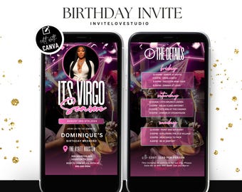 Editable Virgo Birthday Weekend Invitation, Digital Virgo Season Birthday Girl Trip Invite, Bday Itinerary, Canva Template
