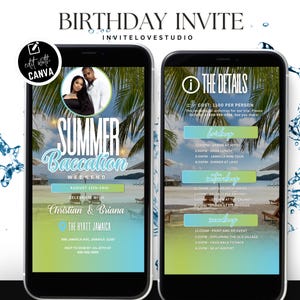 以下が含まれることがあります： 熱帯をテーマにした誕生日の招待状を表示する2つのスマートフォン。招待状にはイベントの詳細とカップルの写真とともに「Summer Baecation Weekend」と書かれています。背景にはヤシの木とビーチの風景が描かれています。