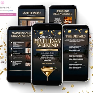 Birthday Weekend Itinerary Invitation, Digital Gold Travel Mobile Itinerary Planner, Girls Trip Weekend, Canva Editable Template Evite