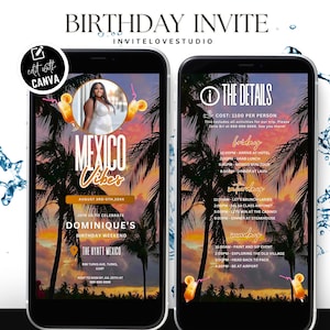 Mexico Birthday Weekend Invitation, Editable Birthday Girl Trip Invite, Bday Itinerary, Canva Editable Template Evite