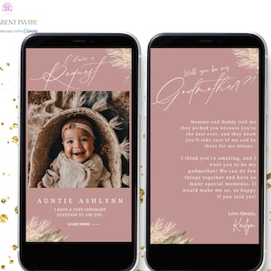 Você será meu convite para proposta de madrinha, foto Pampas Boho Baby Você será meu convite para proposta de madrinha, modelo editável Canva Evite