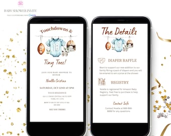 Touchdowns and Tiny Toes Baby Shower Invitation,  Digital Football Season Clothing Line,Diaper Raffle,Registry, Canva Template Evite