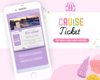 May include: A purple and white digital boarding pass for a cruise with the text "Surprise" and "Welcome January 15th". The boarding pass has a picture of a cruise ship and the text "You're going on a Cruise" and "Things you should know".