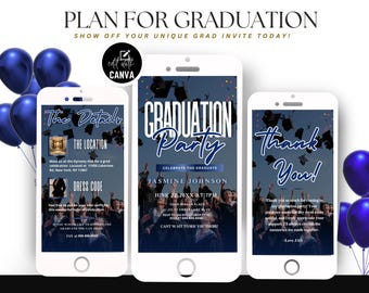 Digital Graduation Party Invite, Editable Blue Grad Template, Graduation Flyer, Animated Canva Graduation Party Announcement