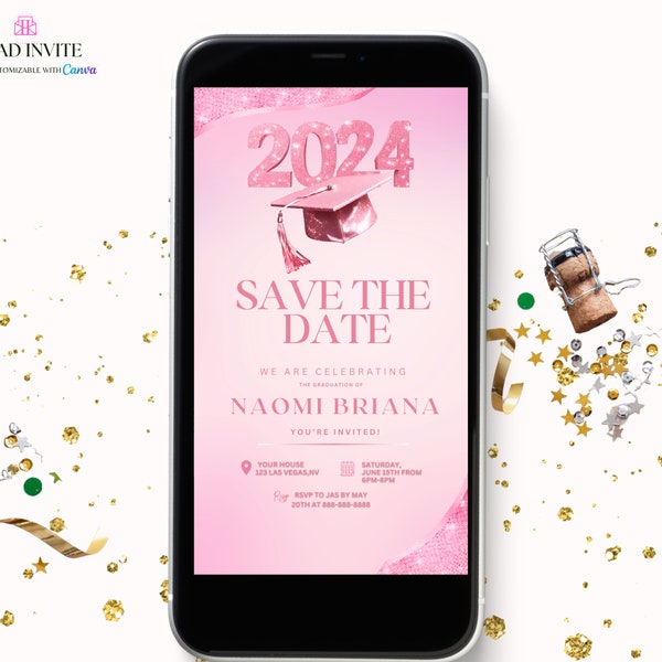 Light Pink Save The Date Graduation Invitation, Digital College She or He Did It Announcement Invite, Canva Editable Template Evite