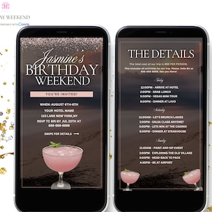 Birthday Weekend Itinerary Invitation, Digital Pink Travel Mobile Itinerary, Girls Trip Weekend, Canva Editable Template Evite