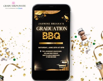 Black and Gold Graduation BBQ Invitation, Digital Women BBQ Grill Graduation Invite, Canva Editable Template Evite