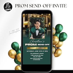 May include: A green and gold digital invitation for a prom send-off party. The invitation features a photo of a young man in a tuxedo, with the text "Christian's Prom Send-Off" and details about the event, including the date, time, location, and RSVP information.