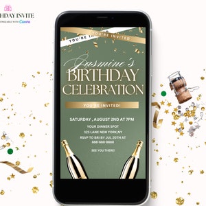 Salie groen goud verjaardagsfeestje uitnodiging, vrouwen salie groen digitale verjaardagsfeestje uitnodigt, Canva bewerkbare sjabloon Evite