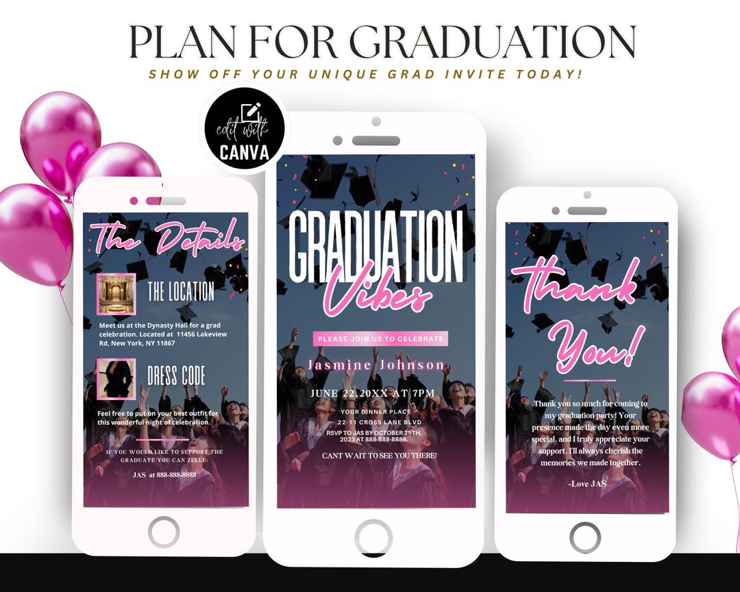 Digital Graduation Party Invitation, Editable Pink Grad Template ...