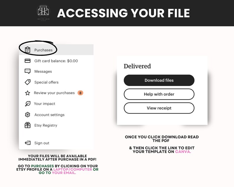 May include: A screenshot of an Etsy purchase confirmation page. The page shows a menu with options like "Purchases", "Messages", "Special offers", "Review your purchases", "Your impact", "Account settings", "Etsy Registry", and "Sign out". The page also shows a button that says "Download files", "Help with order", and "View receipt". The text on the page says "Your files will be available immediately after purchase in a PDF! Go to Purchases by clicking on your Etsy profile on a laptop/computer or go to your email. Once you click download read the PDF & then click the link to edit your template on Canva."