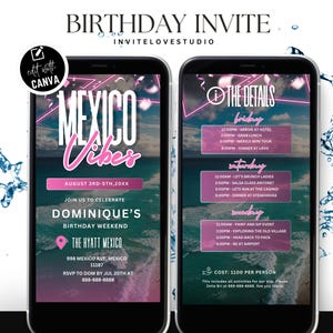 Editable Mexico Birthday Weekend Invitation, Digital Birthday Girl Trip Invite, Bday Itinerary, Canva Editable Template Evite