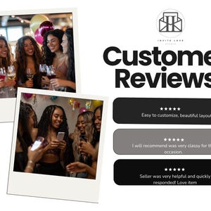 May include: Customer reviews for an invitation template. The reviews are positive and include comments like "Easy to customize, beautiful layout" and "Seller was very helpful and quickly responded! Love item."