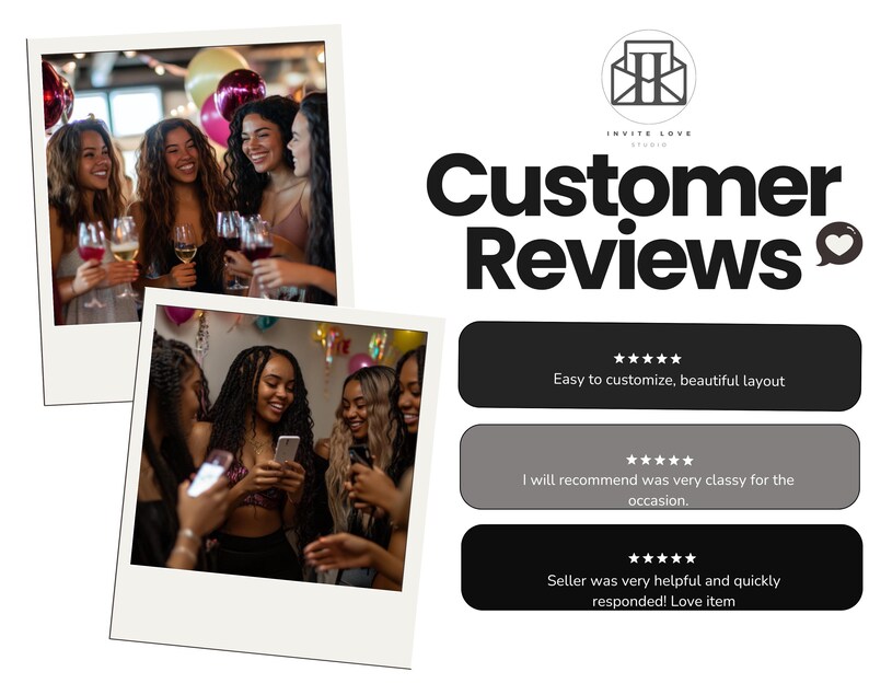 May include: Customer reviews for an invitation template. The reviews are positive and include comments like "Easy to customize, beautiful layout" and "Seller was very helpful and quickly responded! Love item."