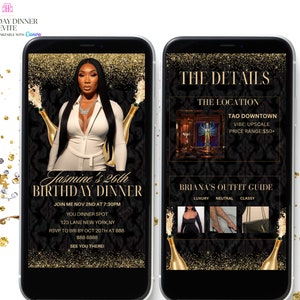 Black and Gold Birthday Dinner Invitation, Women's Digital Birthday Dinner Invite, Dinner Party, Canva Editable Template Evite