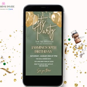 Salie groen goud verjaardagsfeestje uitnodiging, vrouwen salie groen digitale verjaardagsfeestje uitnodigt, Canva bewerkbare sjabloon Evite