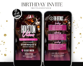 Editable Birthday Weekend Invitation, Digital Houston Birthday Girl Trip Invite, Bday Itinerary, Canva Editable Template Evite