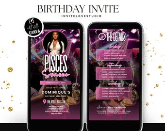 Invitación editable de fin de semana para el cumpleaños de Piscis, invitación digital para el viaje de cumpleaños de Piscis, itinerario de cumpleaños, plantilla de Canva