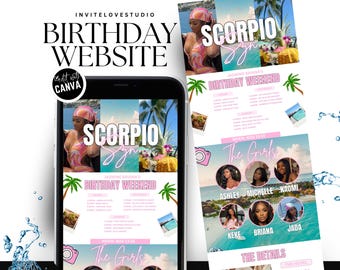 Editable Scorpio Birthday Weekend Website, Birthday Girl Trip Event Page, Canva Bday Itinerary