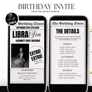 Editable Libra Birthday Weekend Newspaper Invitation, Digital Libra Birthday Girl Trip Newspaper Invite, Bday Itinerary, Canva Template