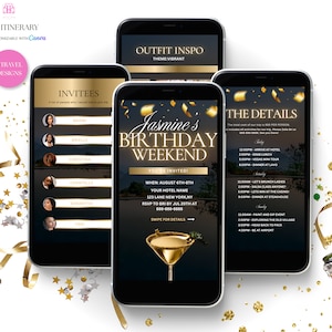 Birthday Weekend Itinerary Invitation, Digital Gold Travel Mobile Itinerary Planner, Girls Trip Weekend, Canva Editable Template Evite