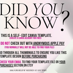 May include: A pink and white graphic with a checklist of important information for buyers of a Canva template. The text reads "Did you know?" and includes the following points: "This is a self-edit Canva template. (Create a Canva account for free)", "Do not check out with anonymous Apple Pay (You normally will not be able to find your file)", "Go through all thumbnails to ensure you like this template design before purchasing", and "Check your email to find your template file or your purchases section on Etsy".