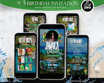 May include: Five digital birthday invitation templates with a tropical theme. The templates feature a green and blue color scheme with images of palm trees, beaches, and the ocean. The text on the templates includes "Jamaica Vibes", "Dominique's Birthday Weekend", "The Hyatt Jamaica", and "The Details".