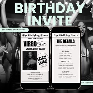 Editable Virgo Birthday Weekend Newspaper Invitation, Digital Virgo Birthday Girl Trip Newspaper Invite, Bday Itinerary, Canva Template