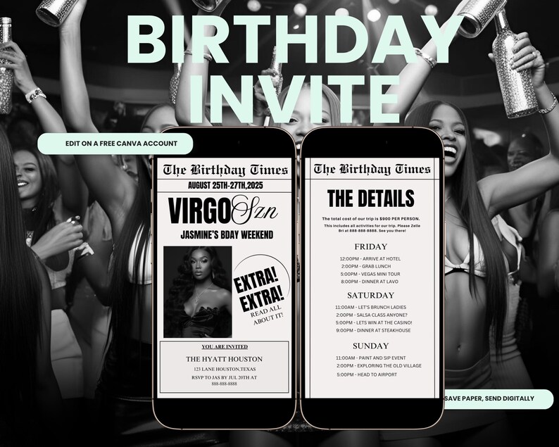 Editable Virgo Birthday Weekend Newspaper Invitation, Digital Virgo Birthday Girl Trip Newspaper Invite, Bday Itinerary, Canva Template