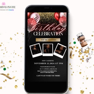 Invito alla festa di compleanno nero e rosso, invito alla festa di compleanno digitale in oro rosso nero da donna, modello modificabile Canva Evite