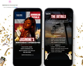 Dominican Republic Birthday Weekend Invitation, Island Digital Beauty Travel Mobile Itinerary, Canva Editable Template Evite