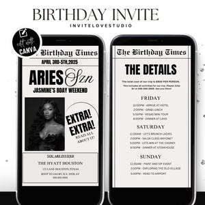 Könnte beinhalten: Zwei Smartphones, die eine Geburtstagseinladung anzeigen. Der linke Bildschirm zeigt "Aries Szn" und "Jasmine's Bday Weekend". Der rechte Bildschirm listet Veranstaltungsdetails, einschließlich Aktivitäten und Zeiten. Die Einladung enthält den Text "The Hyatt Houston."