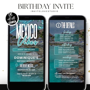 Editable Mexico Birthday Weekend Invitation, Digital Birthday Girl Trip Invite, Bday Itinerary, Canva Editable Template Evite