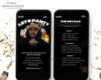 Black and White  Men&#39;s Birthday Weekend Invitation, Digital Birthday Men&#39;s Trip Invite, Digital Itinerary, Canva Editable Template Evite