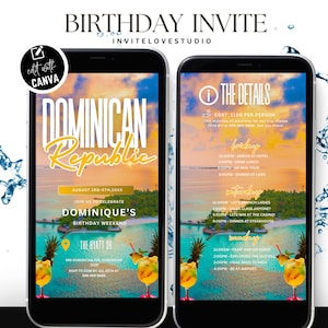 May include: A mobile phone screen displaying a birthday invitation for a trip to the Dominican Republic. The invitation includes the dates August 3rd-5th, 20XX, and the cost is £1100 per person. The invitation also includes a list of activities for each day of the trip.