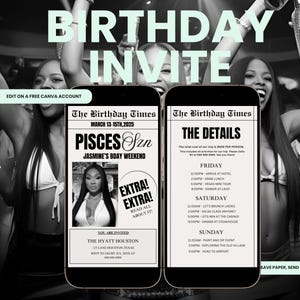 Editable Pisces Birthday Weekend Newspaper Invitation, Digital Pisces Birthday Girl Trip Newspaper Invite, Bday Itinerary, Canva Template