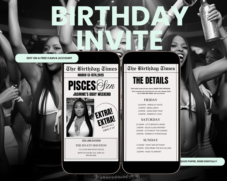 Editable Pisces Birthday Weekend Newspaper Invitation, Digital Pisces Birthday Girl Trip Newspaper Invite, Bday Itinerary, Canva Template