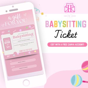 Cyfrowy szablon kuponu na opiekę nad dziećmi, edytowalny kupon upominkowy Canva Baby Sit, spersonalizowany mobilny certyfikat na opiekę nad dziećmi