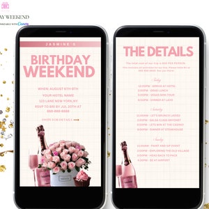 Birthday Weekend Itinerary Invitation, Digital Pink Travel Mobile Itinerary, Girls Trip Weekend, Canva Editable Template Evite