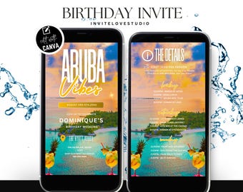 Editable Birthday Weekend Invitation, Digital Aruba Birthday Girl Trip Invite, Bday Itinerary, Canva Editable Template Evite