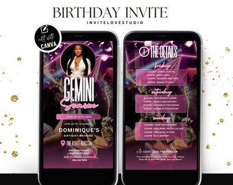 Invitación editable de fin de semana para el cumpleaños de Géminis, invitación digital para el viaje de cumpleaños de Géminis, itinerario de cumpleaños, plantilla de Canva
